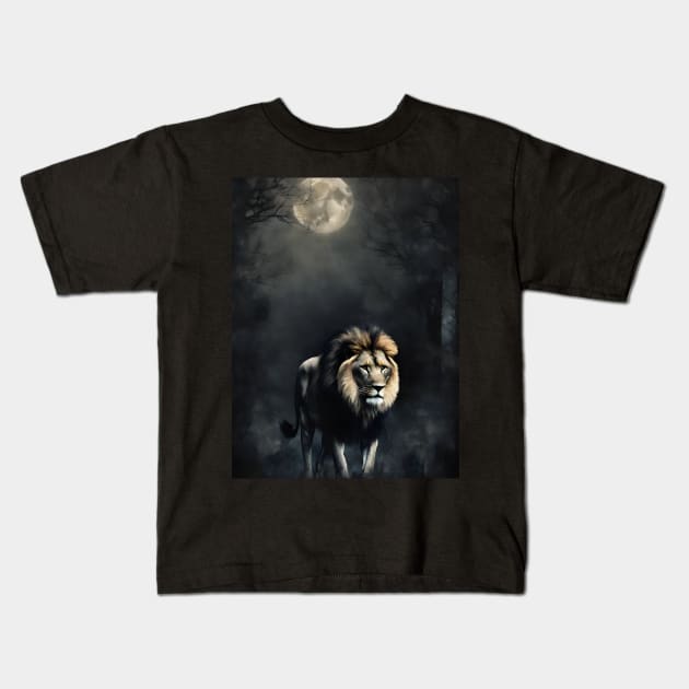 Lion in the Dark Foggy Forest Vintage Art Kids T-Shirt by Art-Jiyuu